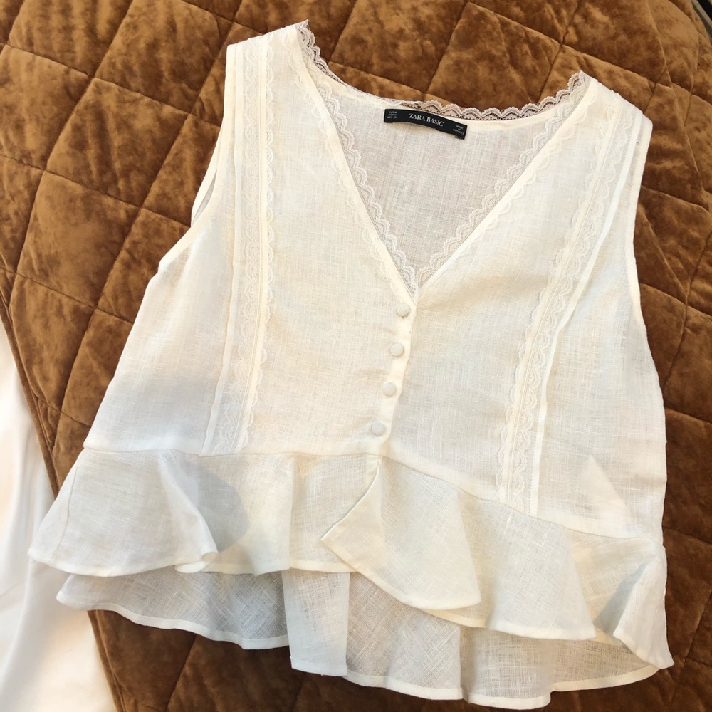 ZARA Basic Linen Button Up Peplum Tank Lace Edges